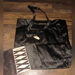 VICTORIA'S SECRET NEW NWT LARGE BLACK SATIN TOTE BAG PURSE + COSMETIC MAKEUP BAG